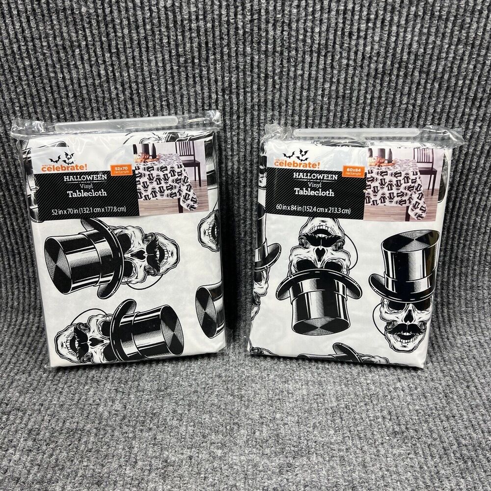Halloween Tablecloths Skulls In Top Hats Vinyl Set of 2 Rect 52x70 & 60x84 Party